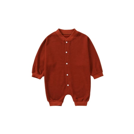 

Nokpsedcb Newborn Baby Boy Girl Fall Outfit Long Sleeve One Piece Romper Jumpsuit Solid Button Playsuit Unisex Cute Onesie Brick Red 0-6 Months