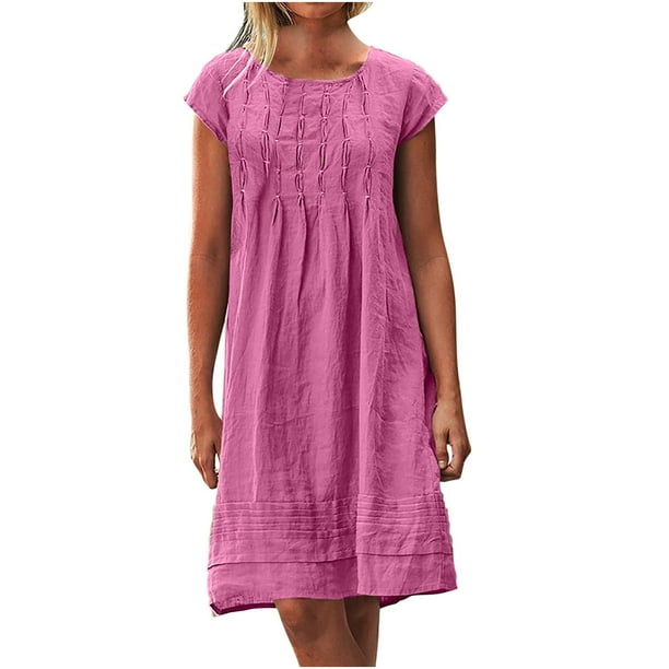 Women's Linen Dress, Short Sleeve Pleated Relaxed Fit Casual Dress, Loose  Fitting Crew Neck Midaxi Dress for Summer - Walmart.ca