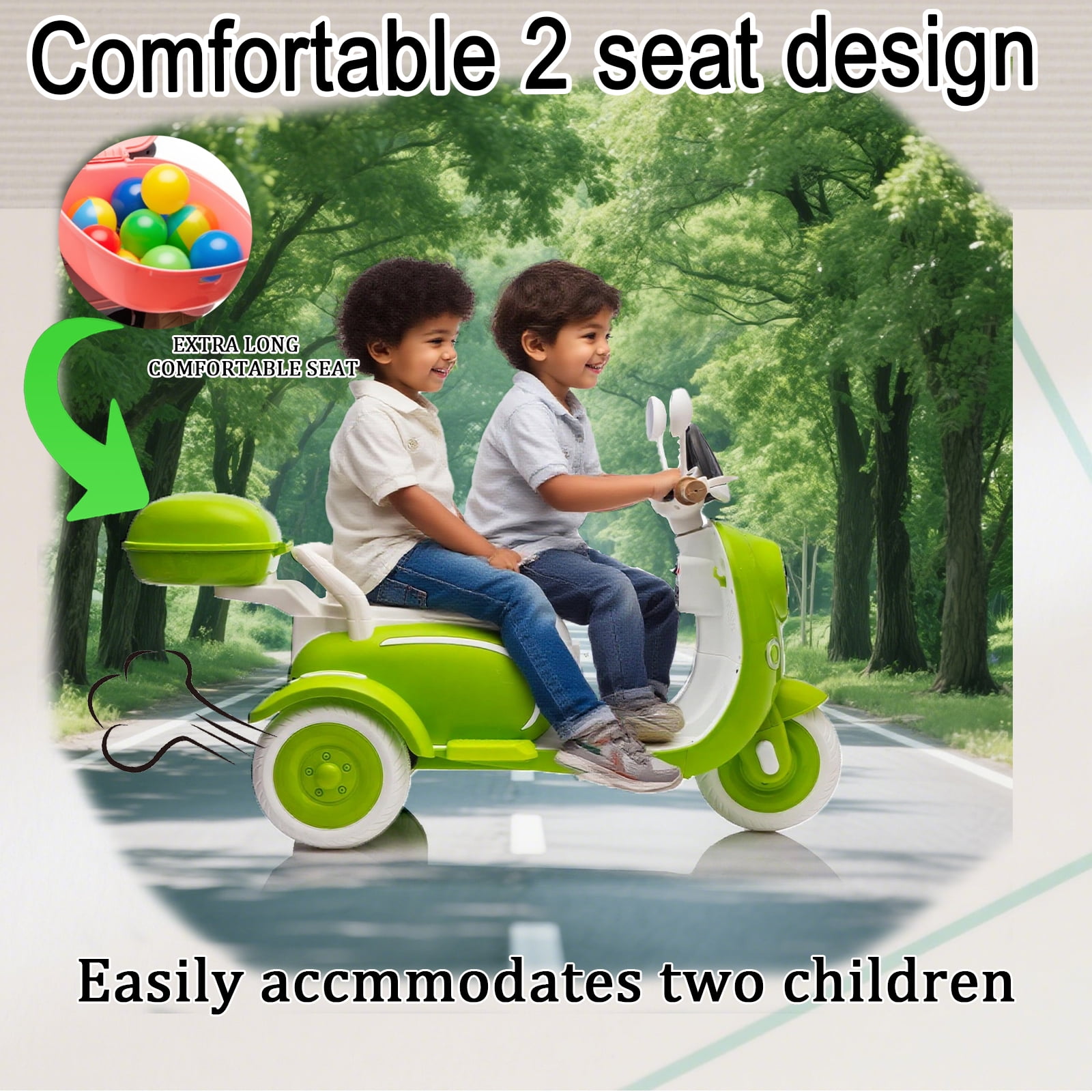 FINITO 12V 2 Seater Kids Electric Motorcycle, 3 Wheel 2WD Electric Bike with Storage Box, Bluetooth Music, LED Light, Green