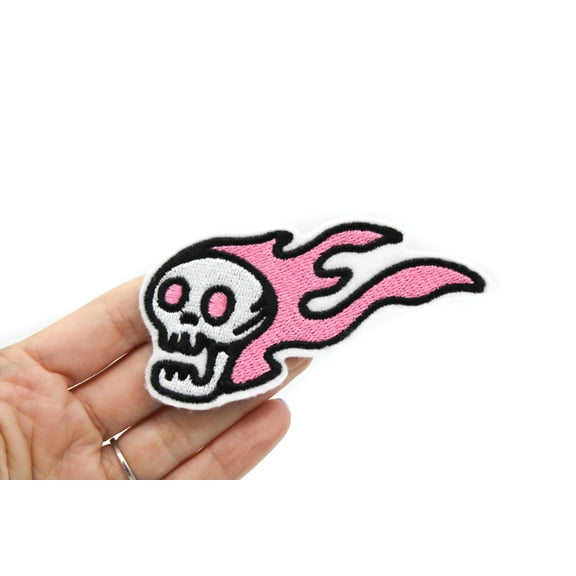 Pink Flaming Skull Iron On Embroidered Patch