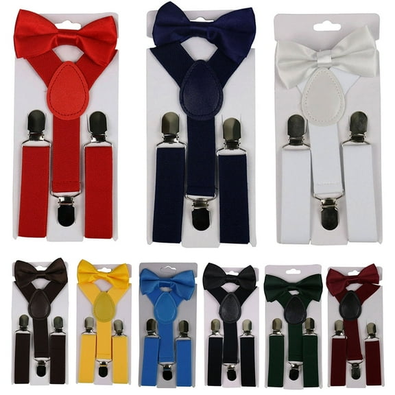 Walbest Kids Students Clip on Y Shape Elastic Suspenders Bowtie set Suspender for Boys and Girls Adjustable Elastic Classic Accessory Sets