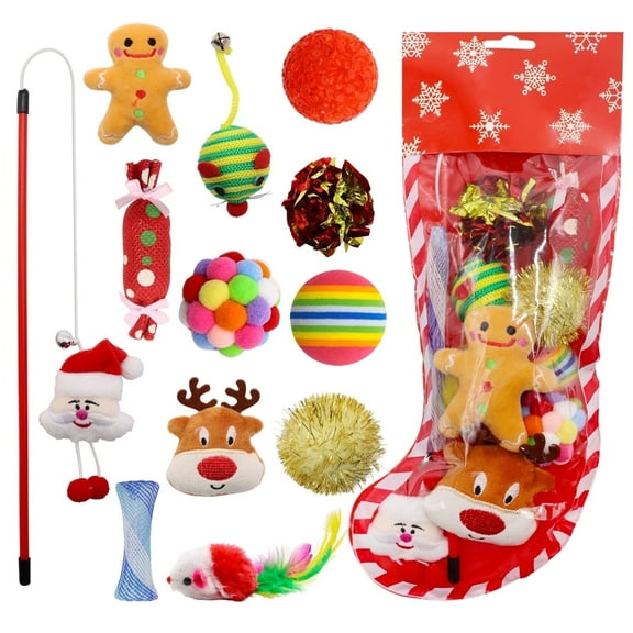 Christmas Stocking Cat Toys, 12PCS Xmas Cat Toy Set with Mouse, Squeaky Toys, Balls, Cat Teaser Indoor Interactive Gift