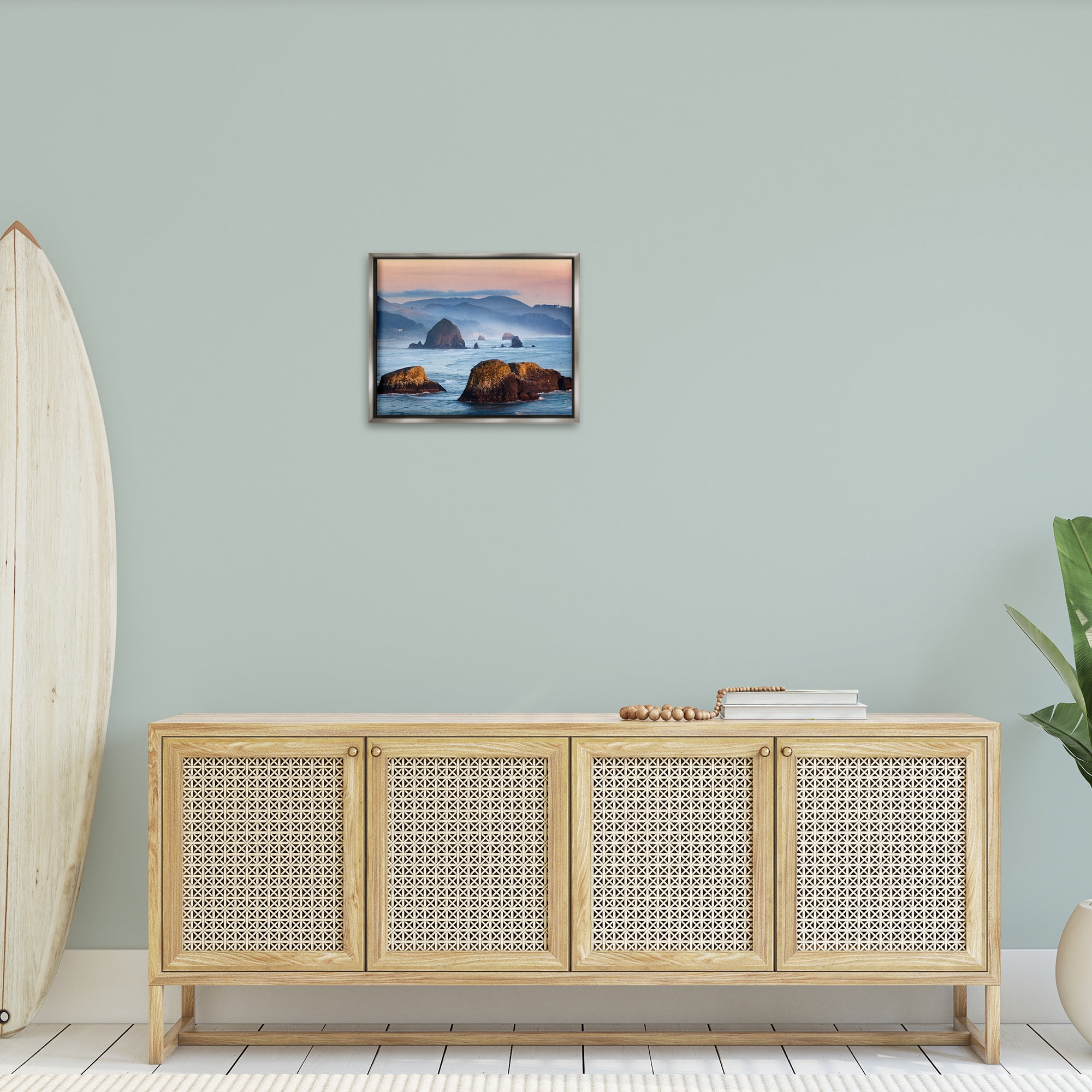 Stupell Industries Ocean Cliffs with Mountains Landscape Photography Gray Floater Framed Canvas Art Print Wall Art, 21 x 17