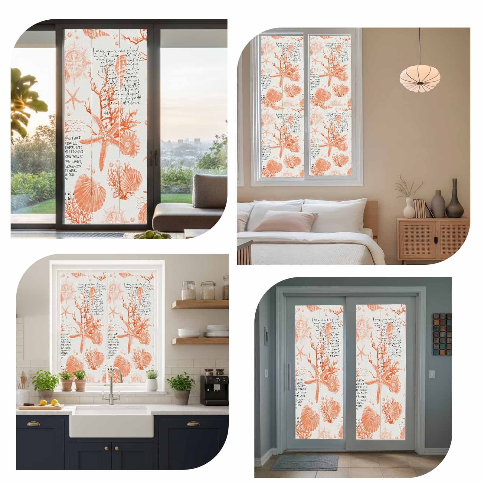 Orange Coastal Window Privacy Film, Starfish Shell Coral Seahorse Frosted Glass Window Clings Static Cling UV Heat Blocking Reusable Door Sticker for Bathroom 23.6 x 59 Inch