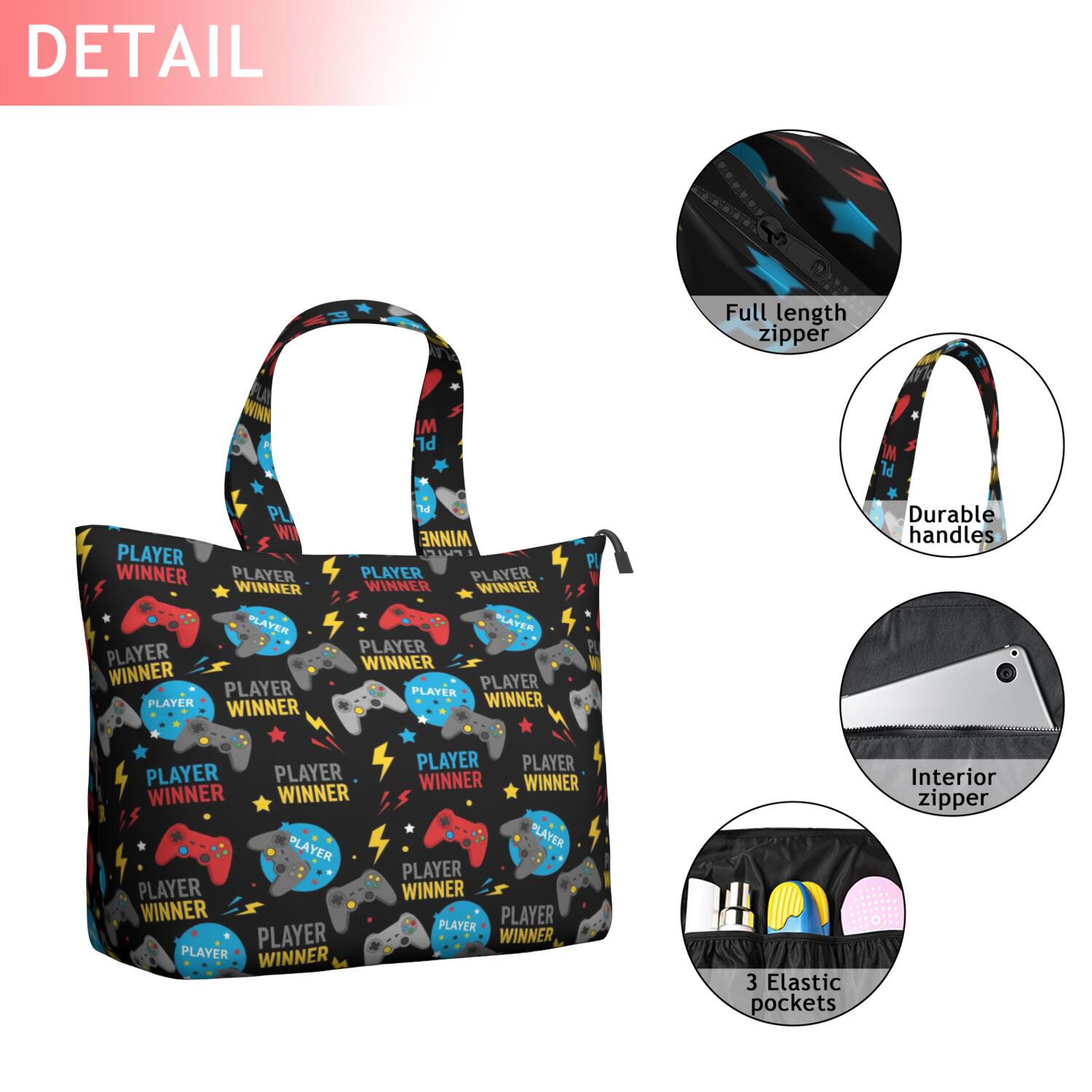 Colorful Controllers Games Badges Black Pattern Travel Tote Bags for Women Carry On,Large Weekender Bags for Women Travel,Multi Functional Duffle Bag for Work,Shopping,Sports