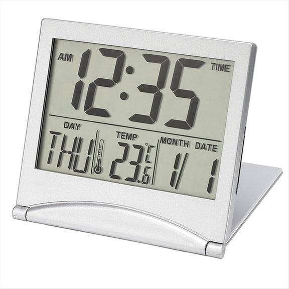 Digital Travel Alarm Clock - Foldable Calendar Temperature Timer LCD Clock Weather Forecast Clock Battery Powered,1 x Folding electronic clock,Silver