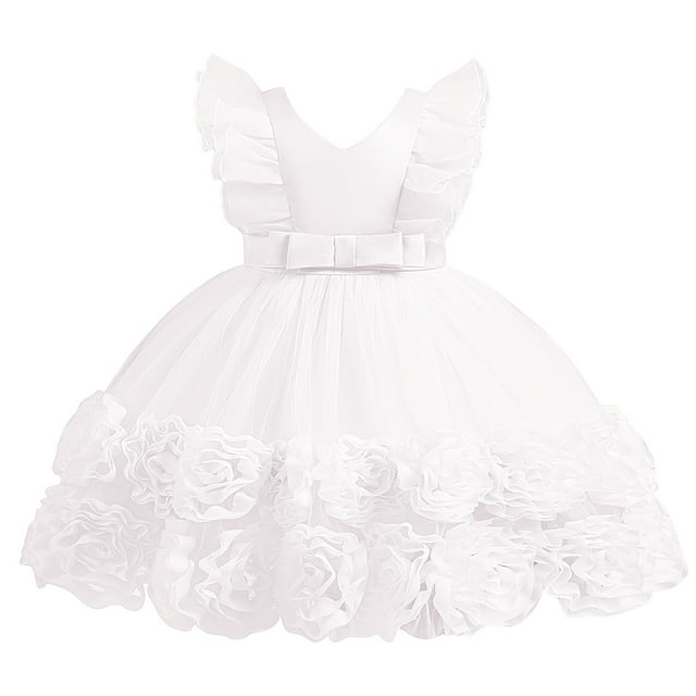 HNMKIU Girls Party Dress Child Pageant Gown Lace Embroidery Fly Sleeve for