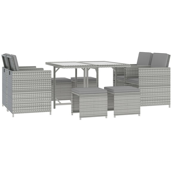 Outsunny 9 Piece Patio Wicker Dining Sets, Space Saving Outdoor Sectional Conversation Set, with Dining Table, Ottoman and Chair & Cushioned for Lawn Garden Backyard, Dark Grey