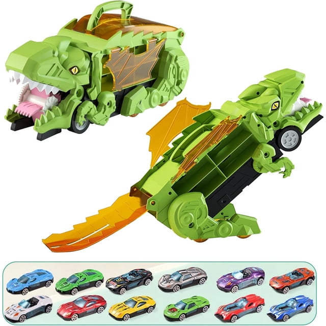 Juguete de Coche de Dinosaurio con 12 Coches de Carreras, Coche de Transporte de Dino con Pista de Carreras y Asa para Niños de 3 a 6 Años