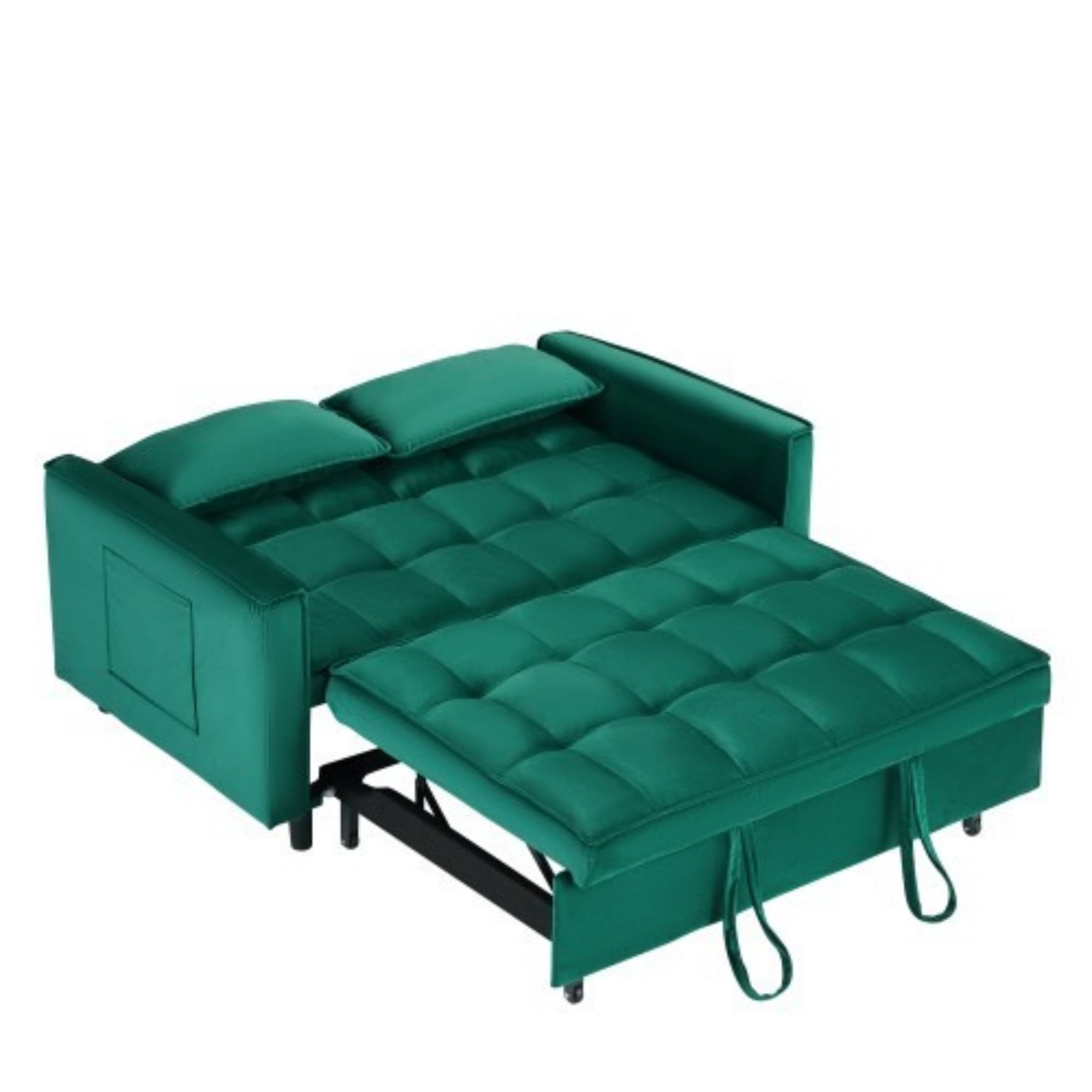 Velvet Loveseat Sofa Bed, 3-in-1 Convertible Sleeper Couch with Pullout Bed & Reclining Backrest, Green
