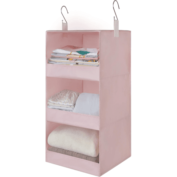 3-Shelf Hanging Closet Organizer, Collapsible Closet Hanging Shelves, Nursery Hanging Organizer, Pink, 21.9" H X 12" W X 12" D, 1-Pack
