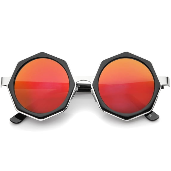 sunglassLA Unisex Oversize Geometric Octagonal Frame Mirror Flat Lens Round Sunglasses (Black-Silver / Orange Mirror) - 43mm