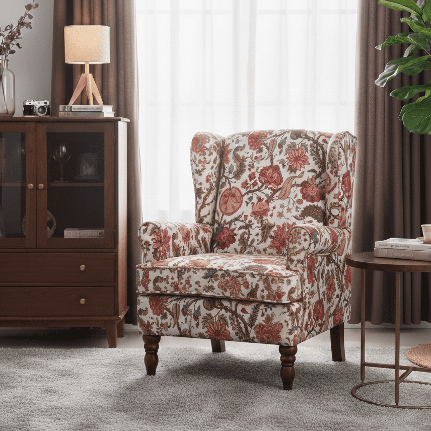 Aukfa Wingback Accent Chair,Upholstered Club Chair with Solid Wood Legs for Living Room, Bedroom & Office,Floral Red