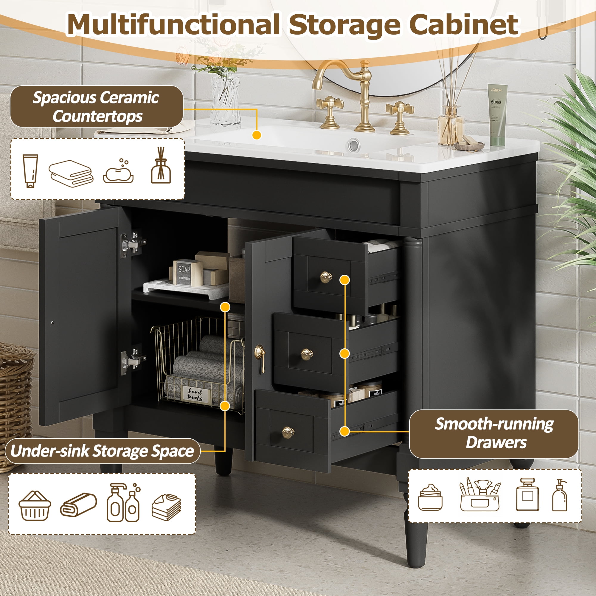 Euroco 36" Bathroom Vanity with Ceramic Sink, Soft Close Doors, Adjustable Shelves, Modern Storage Cabinet for Small and Medium Bathrooms
