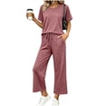 thumbnail image 2 of Mifsaly Summer Lounge Sets for Women Short Sleeve Crewneck T-Shirts and Drawstring Wide Leg Capri Pants with Pockets Lightweight Comfy Casual Matching Outfits Wine,XXL, 2 of 9