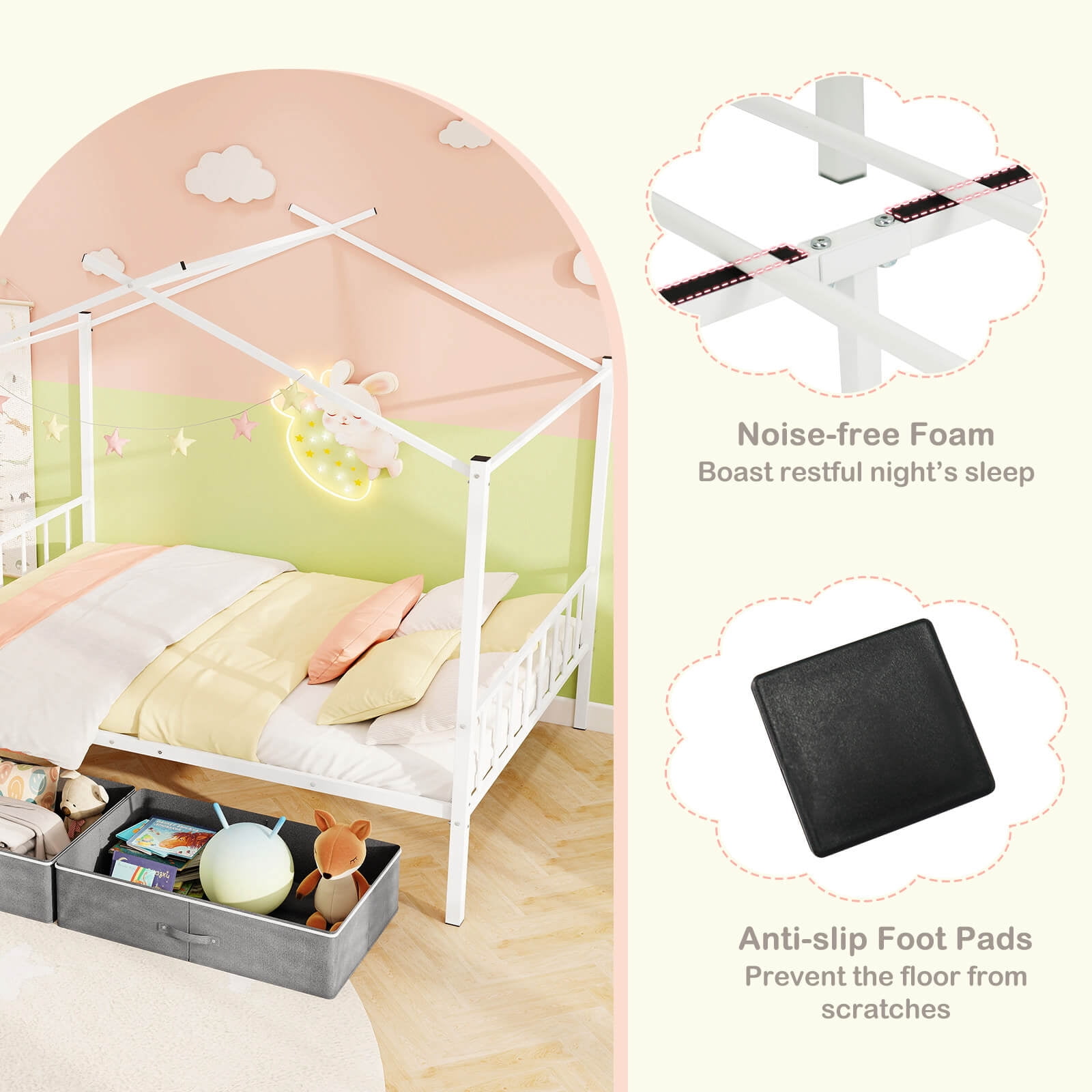 Infans Full Size Metal House Bed with 2 Fabric Drawers Heavy-Duty Platform Bed White