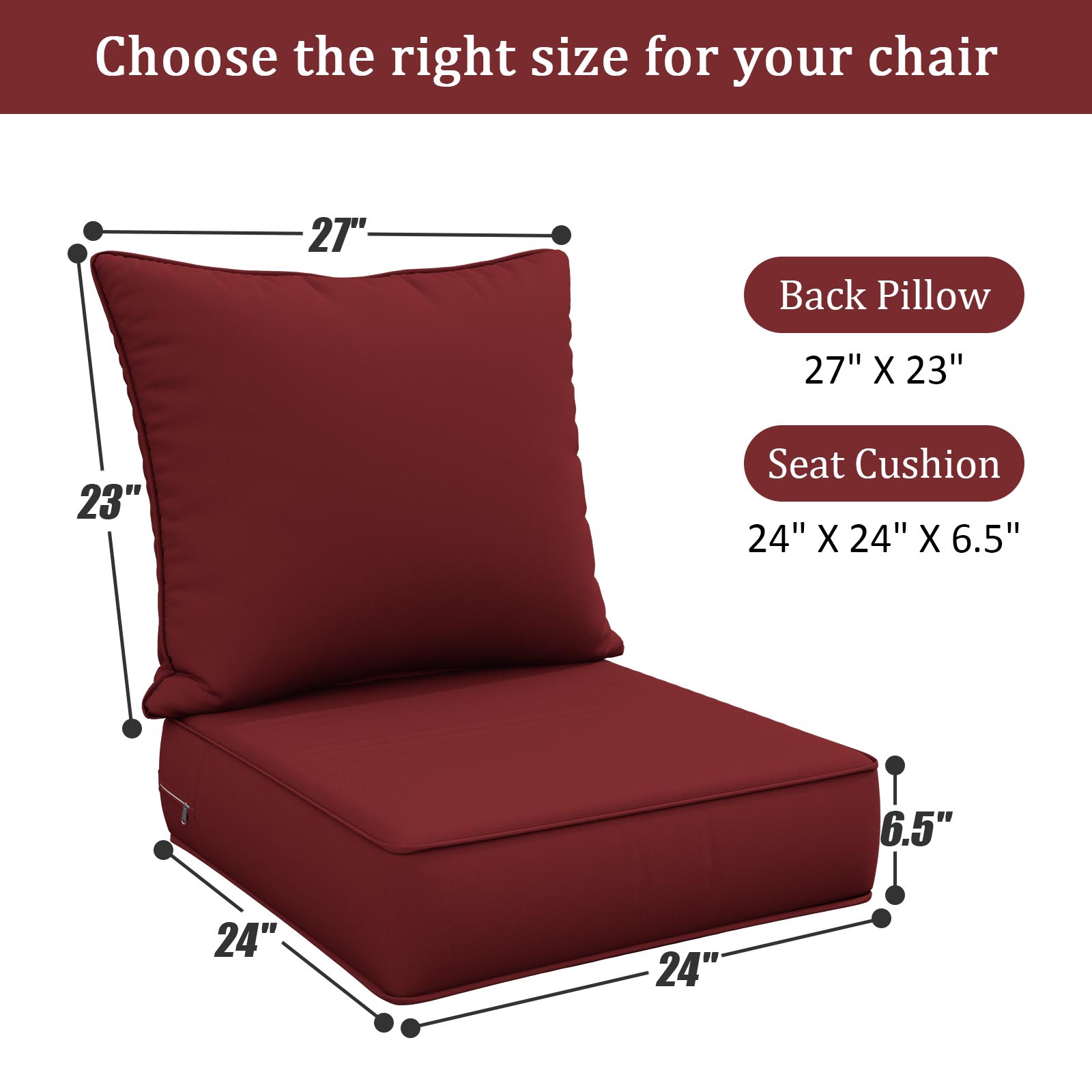 Snubbull Outdoor Deep Seat Cushion Set 24 X 24 X 6.5 inch Splash-Proof & Fadeness Patio Furniture Cushions，Removable Outdoor Couch Cushions with Hidden Zipper & Adjustment Staps, Burgundy
