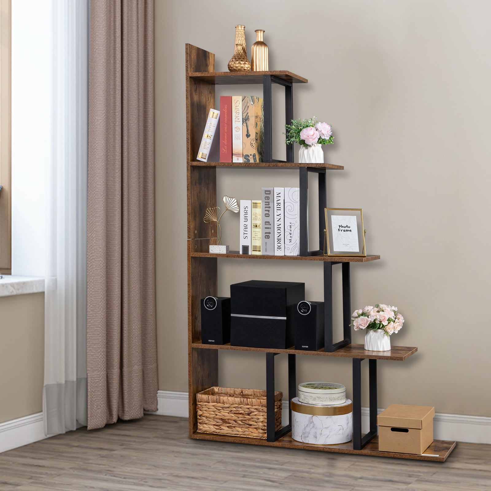 Kepooman 5-Tier Bookshelf, Industrial Vintage Freestanding Bookcase Multipurpose Storage Display Rack, Modern Industrial Metal Bookcase Display Rack and Storage Organizer for Living Room Bedroom Kepooman 5-Tier Bookshelf, Industrial Vintage Freestanding Bookcase Multipurpose Storage Display Rack, Modern Industrial Metal Bookcase Display Rack and Storage Organizer for Living Room Bedroom