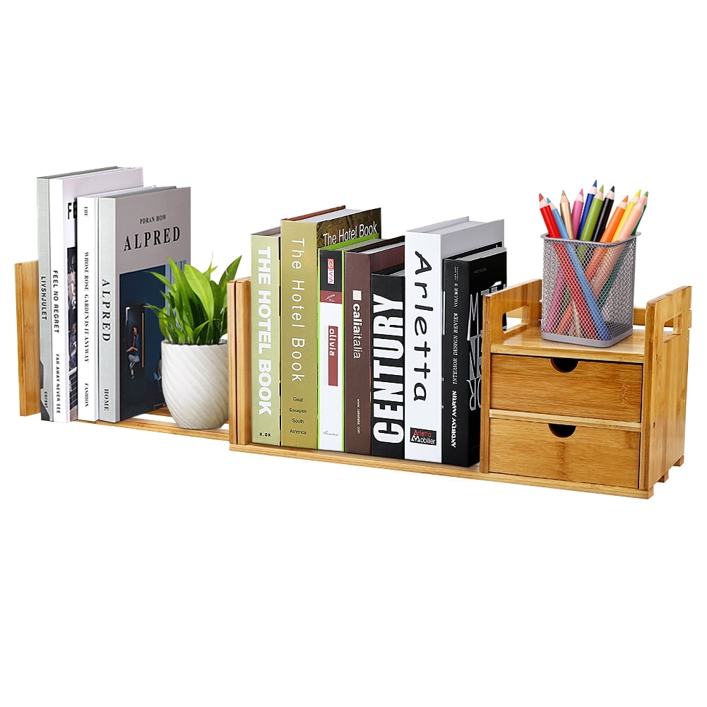 POCREATION Bamboo Wood Extendable Desk Tabletop Book Rack Bookshelves