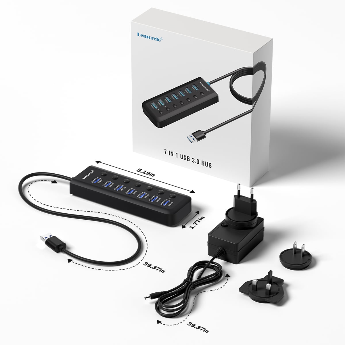 Lemorele 7 Port USB 3.0 Hub Extender with Two Charging Ports for Desktop and Laptop ,with Independent Switch