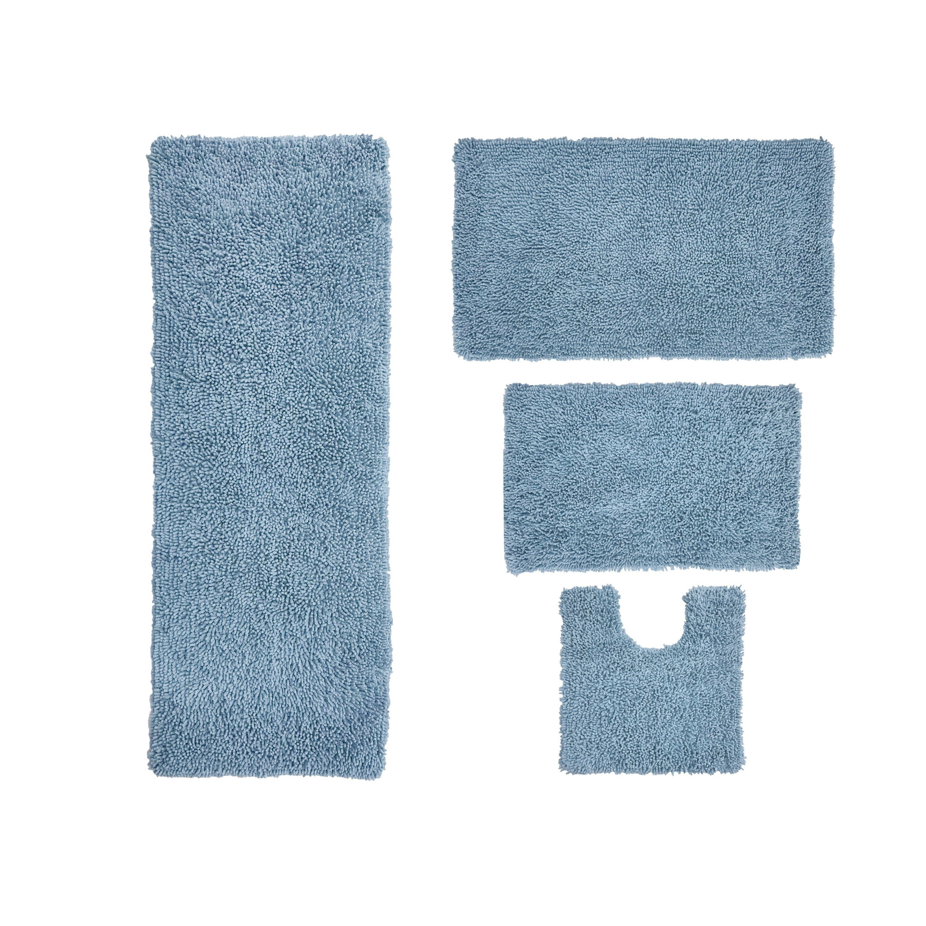 Home Weavers Fantasia Bath Rug 100% Cotton Non-Slip Bathroom Rug Set Machine Washable Bathroom Rug, Bath Rug, U Shaped Contour, Runner, Blue Color 4 Piece Bath Rug set