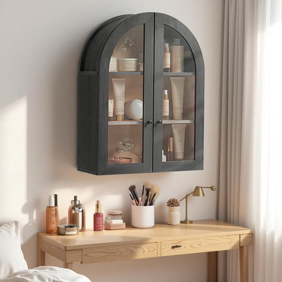 Bathroom Arched Wall Cabinet, Storage Cabinet 23.5×31.4'', bathroom cabinet wall mount w/Glass Doors & Adjustable Shelves, Over The Toilet Storage Cabinet for Laundry Room, Bedroom Kitchen,Grey Balck