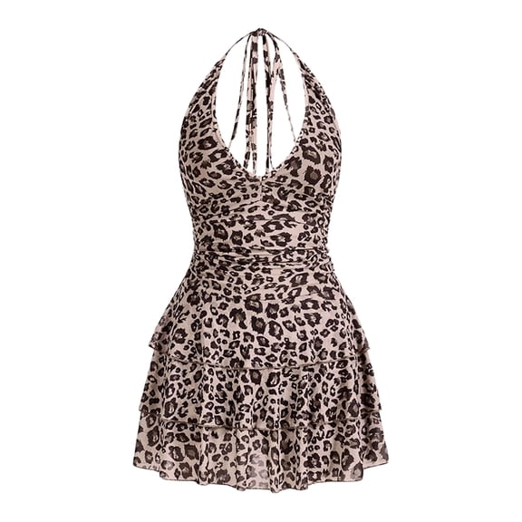 DARING DIVA Women's Mini Backless Halter Tiered Leopard Dresses XS Beige Leopard
