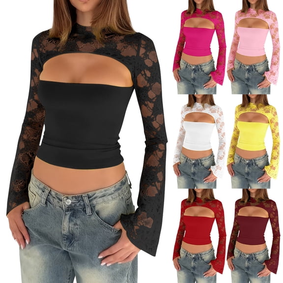Endives Women's Long Sleeve Mesh Top Fashion Hollow T Shirt Mock Neck Casual Top Y2K Streetwear Wine