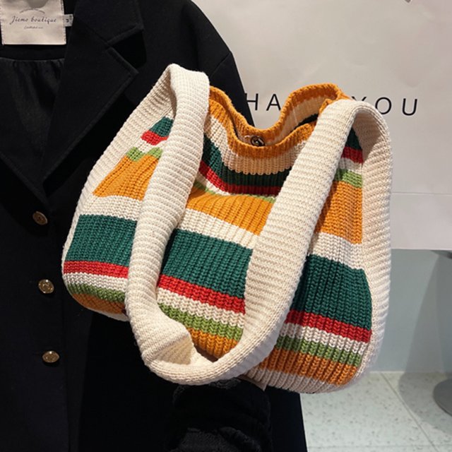 Bolso de hombro a rayas de ganchillo para mujer, bolso de mano bonito, bolso diario de verano (Beige)