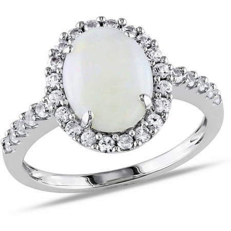 2-1/4 Carat T.G.W. Oval-Cut Opal and Created White Sapphire 10kt White Gold Halo Ring
