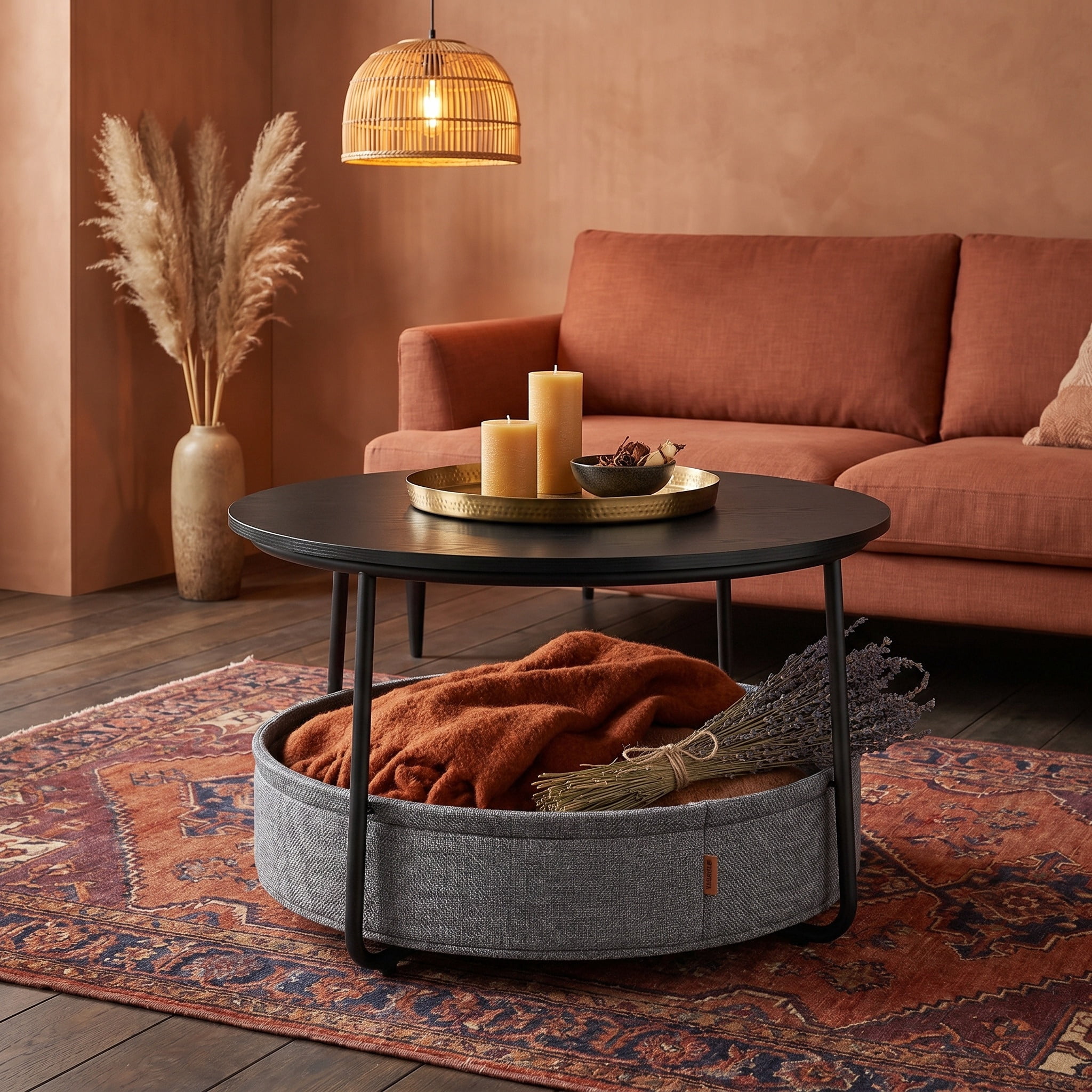 Nordic Hygge Modern Ebony Black Round Coffee Table with Slate Gray Fabric Storage Basket