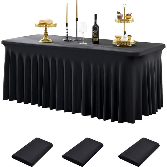 XmhyTop 8ft Spandex Table Cloth for Standard Folding Tables-3Pack Black Table Cloth Table Protector for Party, Wedding, Cocktail, Banquet, Festival