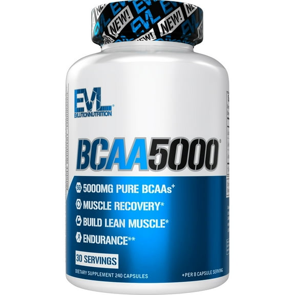 Evlution Nutrition BCAA5000 Capsules 5 Grams of Branched Chain Amino Acids (BCAAs) Essential for Performance, Recovery, Endurance, Muscle Building, No Sugar (30 Servings, 240 Capsules, Unflavored)