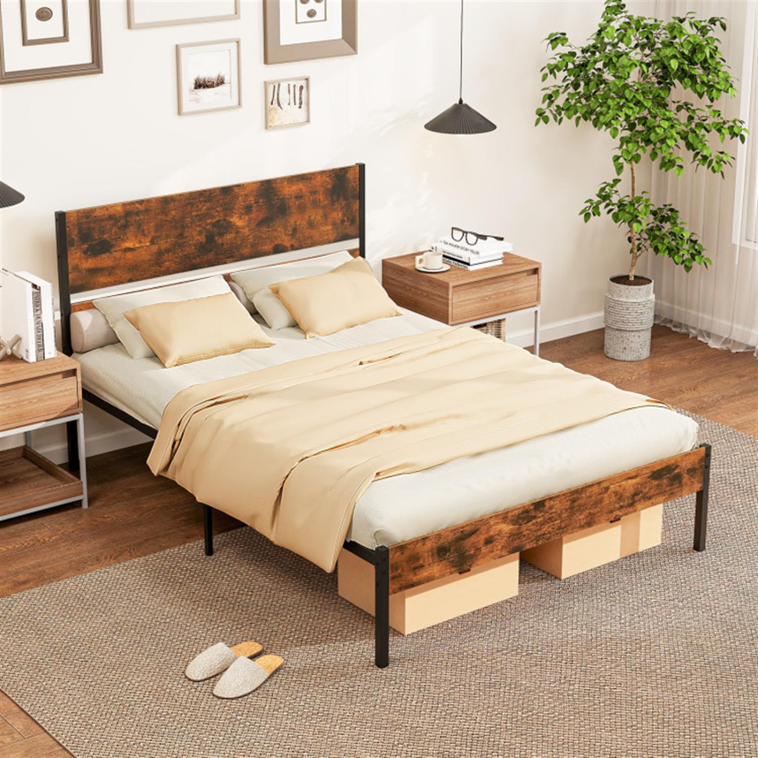 Demi Bonn Full Size Bed Frame with Wooden Headboard and Footboard, Modern Metal Platform Bed Frame with Under Bed Storage, No Box Spring Needed, Brown