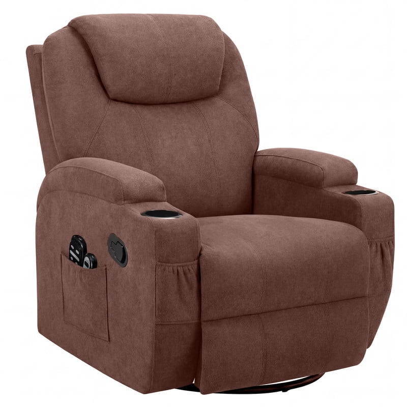 Vineego Massage Swivel Rocker Recliner with PU Leather Fabric Small Spaces Lounge Chair with Two Cup Holder for Bed Room,Linen Brown