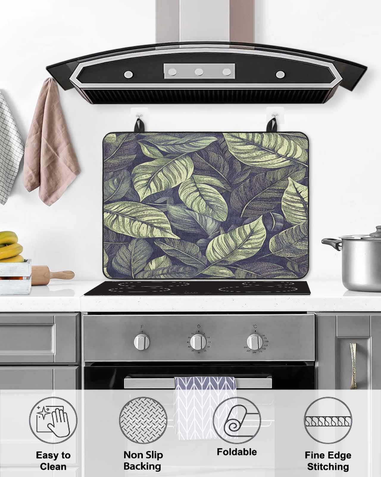nqOlkjepod Large Induction Cooktop Protector Mat 36"x21", Summer Leaves Stove Top Covers for Electric Stove, Green Natural Tropical Palm Plants Leaf Stove Burner Cover Mats, Glass Top Stove Cover