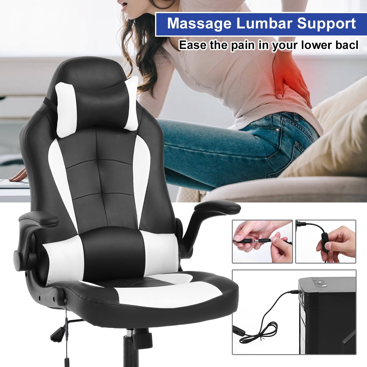 Dkelincs Massage Gaming Chair Video Game Chair Ergonomic Computer Office Desk Chair with a Vibrator Lumbar Support, Headrest,Flip up Armrest, White