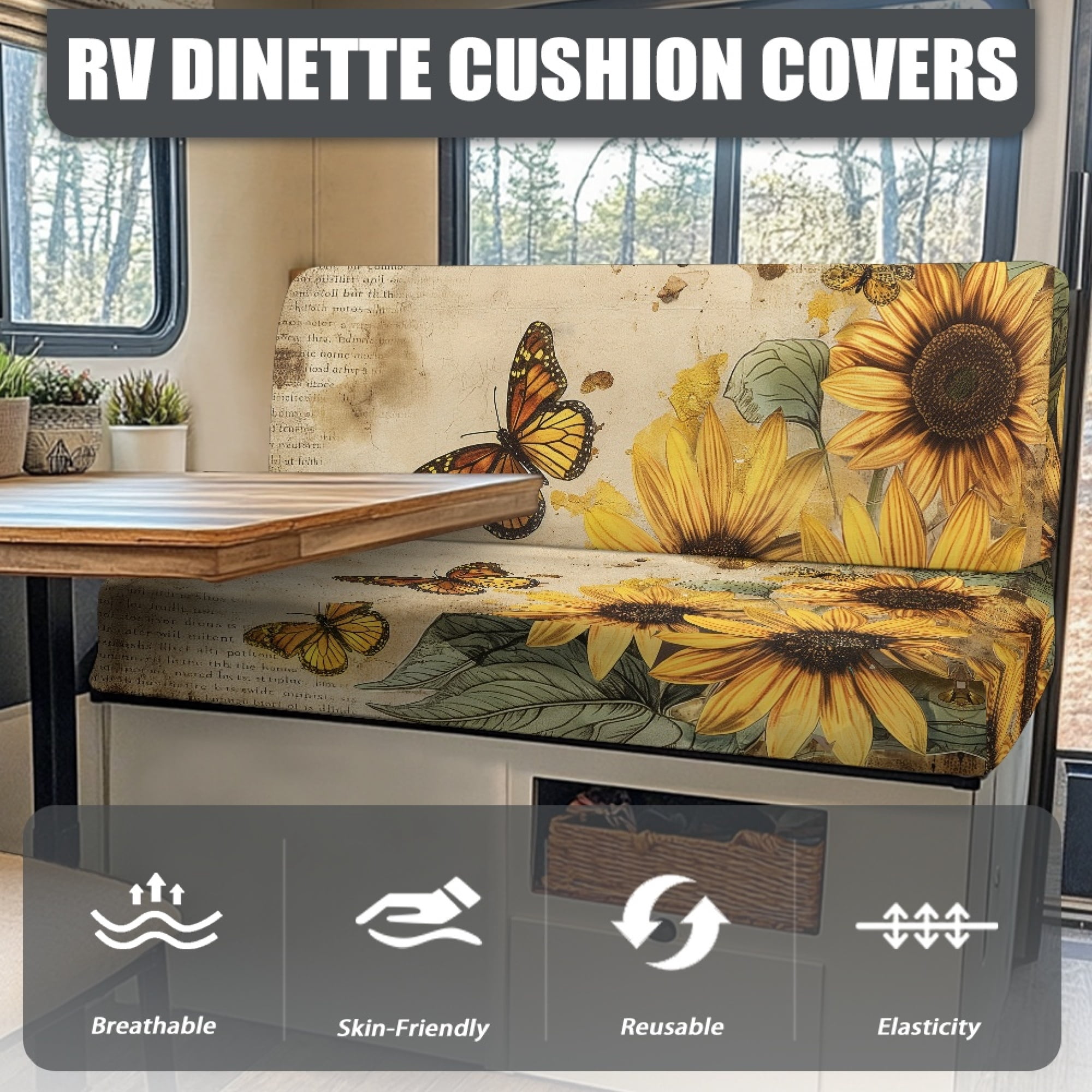 Yuyamidu Butterfly RV Dinette Cushion Slipcover Sunflower RV Couch Covers for Sofa Washable RV Dinette Seat Covers Camper RV Sofa Cushions RV Accessory