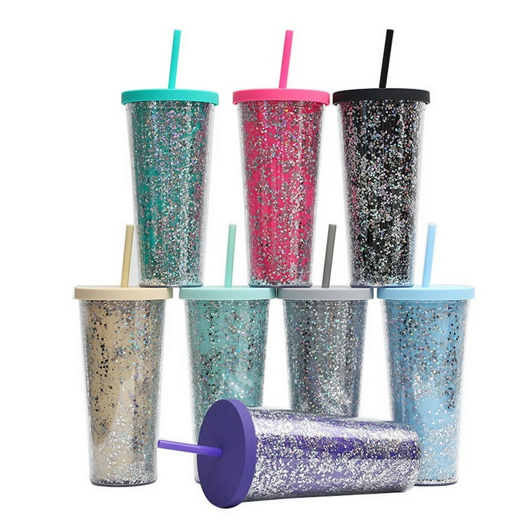 Vearear 24oz/710ml Water Cup with Straw Glitter Double Wall Wavy Edge Straight Tumbler Juice Iced Coffee Cup Daily Use, Size: Large, Green