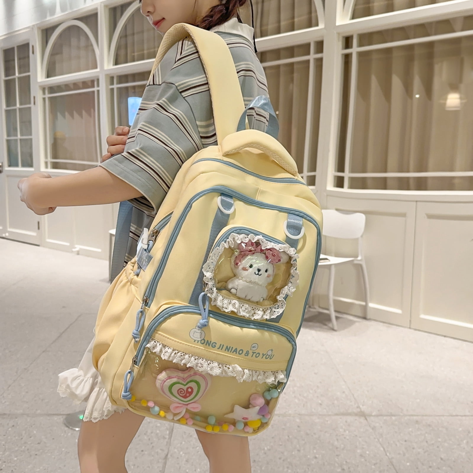 HUISZJ Ita Bag School Backpack, Multi-Layer School Bag with Doll, Large Capacity Storage Bag for Students College Travel, Yellow