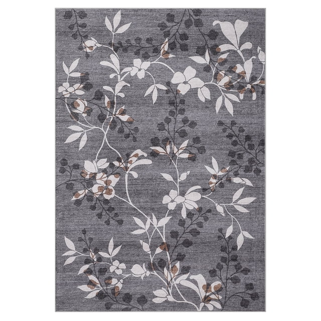 Grey Modern Botanical & Floral Area Rug - Washable, Non-Slip, Soft Low Pile, Collapsible, Mark Resistant Carpet for Living Room, Bedroom, Dining Room, Home Decor - Grey, USA, 8x10ft (244x305cm)
