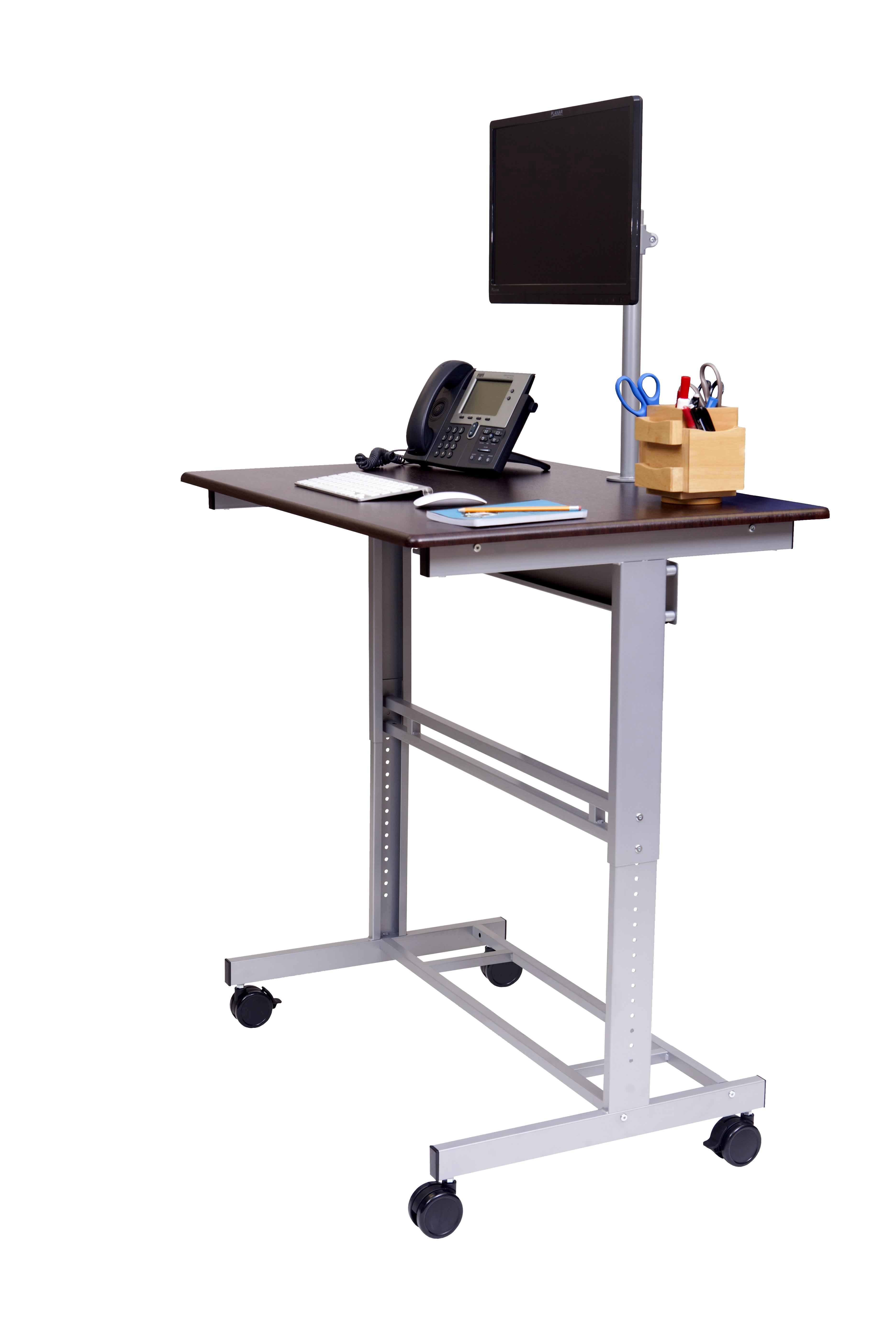 40 Mobile Adjustable-Height Stand Up Desk with Monitor Mount (Dark Walnut Shelves and Silver Frame)
