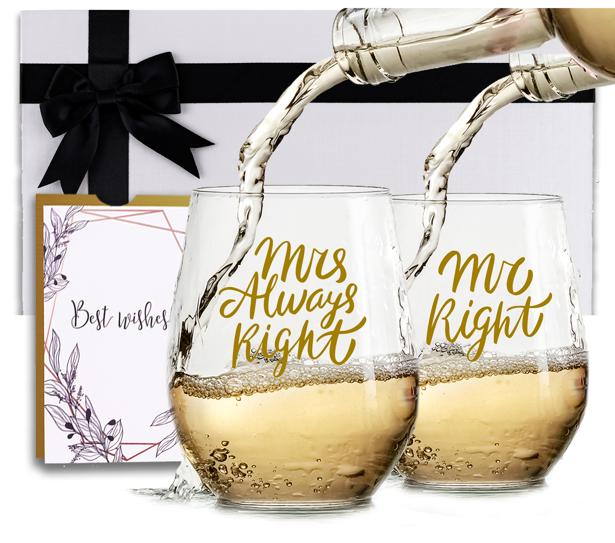 Triple Gifffted Mr Right Mrs Always Right Wine Glasses Gifts for Wedding, Anniversary, Gift for Engagement, Women, His and Her, Bride, Couples, Mom, Dad, Parents, Christmas, Valentines Set Presents