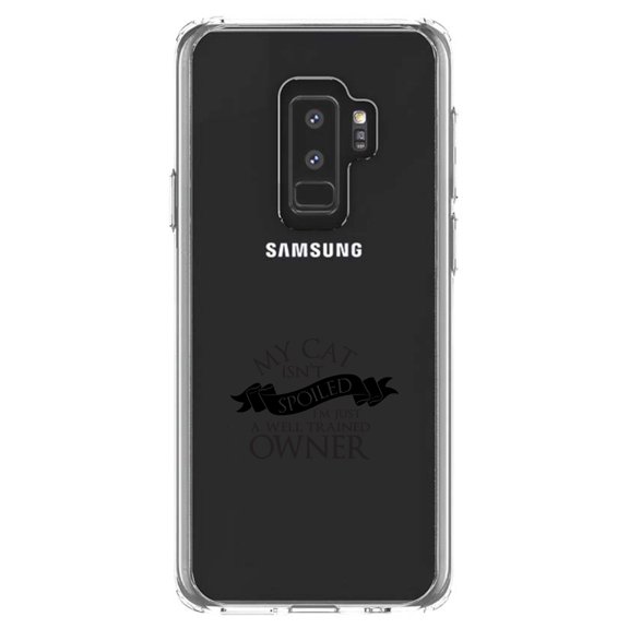 DistinctInk Clear Shockproof Hybrid Case for Samsung Galaxy S9  PLUS (6.2" Screen) - TPU Bumper Acrylic Back Tempered Glass Screen Protector - Cat Isn't Spoiled Well Trained Owner