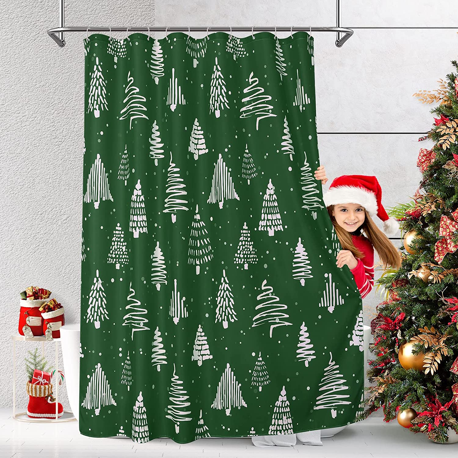 Christmas Shower Curtain Set, Xmas Pine Shower Curtain, Green White Standard Shower Curtain for