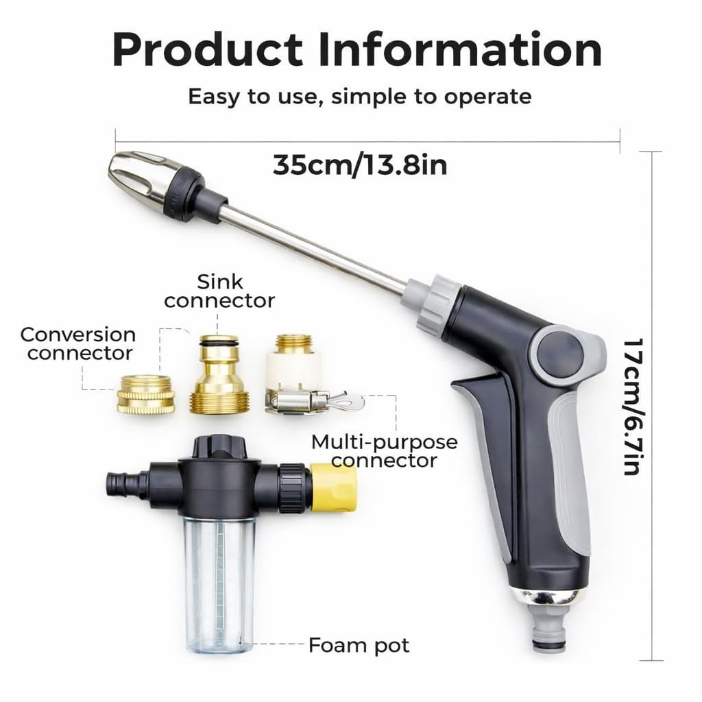 Heavy Duty Garden Hose Nozzle, High Pressure Water Cleaning Jet Sprayer, Multi-Function Lawn & Garden Hose Nozzle for Yard, House, Car & Pet Cleaning