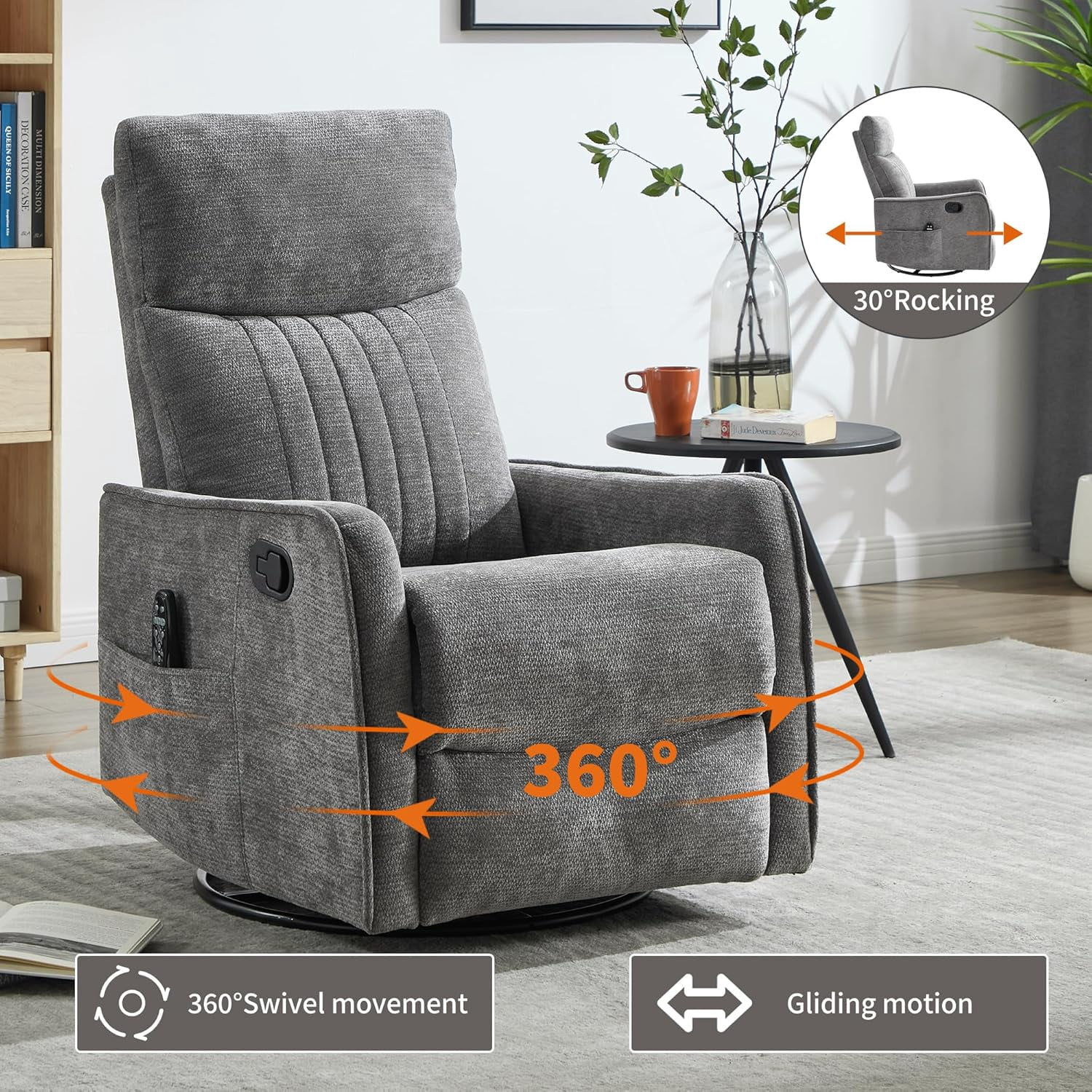 High Back Manual Recliner Chair with Heat & Massage, Swivel Rocker for Living Room Bedroom, Dark Gray