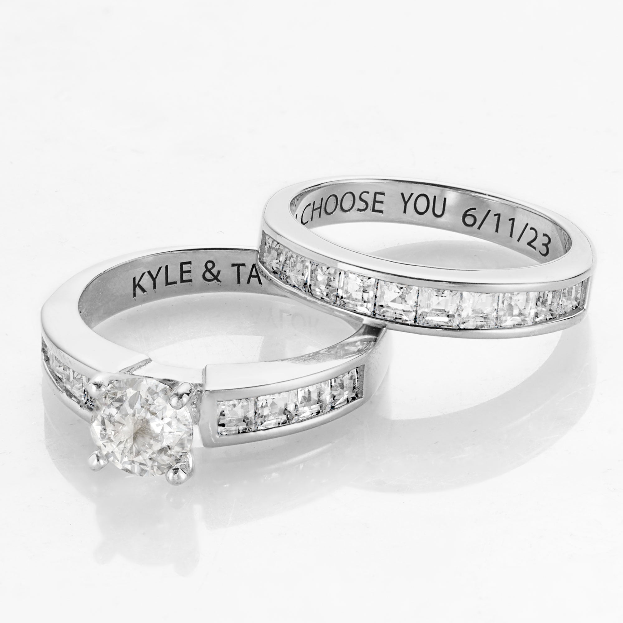 Vow & Forever Personalized Planet Bridal Platinum over Sterling Silver Brilliant White Topaz 2 Piece Engraved Wedding Set ,Women's
