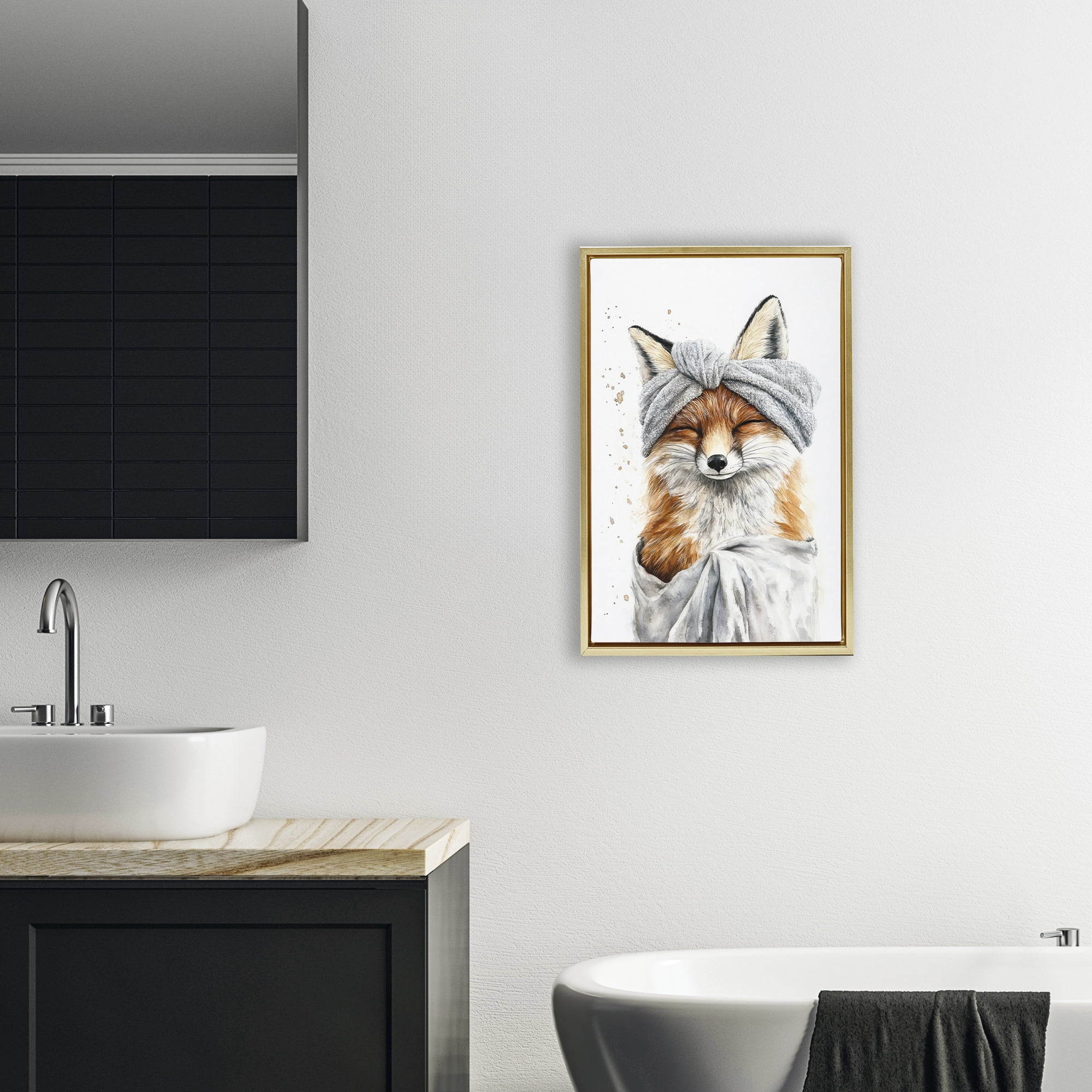 Stupell Industries Bathroom Fox Wrapped in Towel Gold Framed Floater Canvas Wall Art, design by Tina LeCour