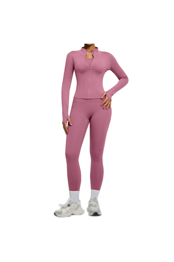 Women 2 Piece Workout Set Full Zip Long Sleeve Thumb Hole Cropped Tracksuit Jacket High Waist Waist Support Hip Sculpt Hidden Stretch Legging Athletic Gym Yoga Casual Outfit Pink 3XL